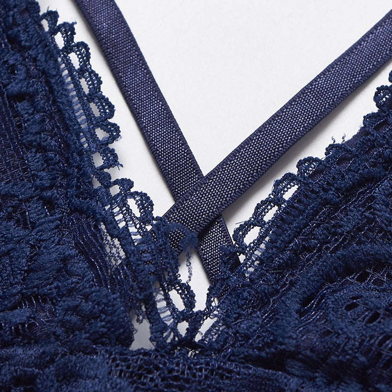 Floral Navy Blue Lace Bra with Sheer Strappy Design-Bra-Bellascena-bellascena