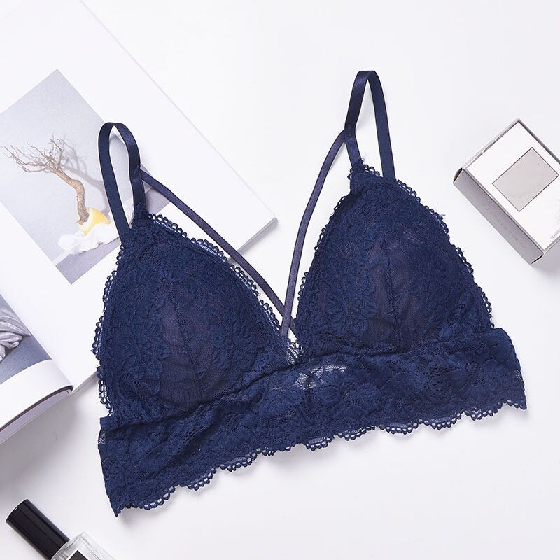 Floral Navy Blue Lace Bra with Sheer Strappy Design-Bra-Bellascena-Blue-Universal-bellascena