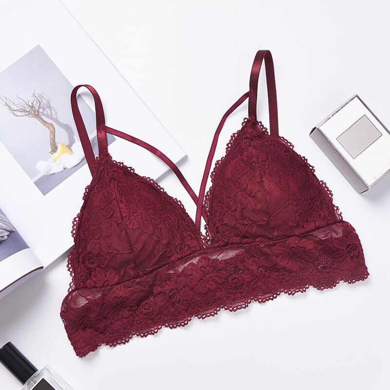 Floral Navy Blue Lace Bra with Sheer Strappy Design-Bra-Bellascena-Burgundy-Universal-bellascena