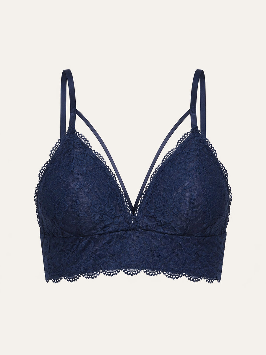 Floral Navy Blue Lace Bra with Sheer Strappy Design-Bra-Bellascena-bellascena