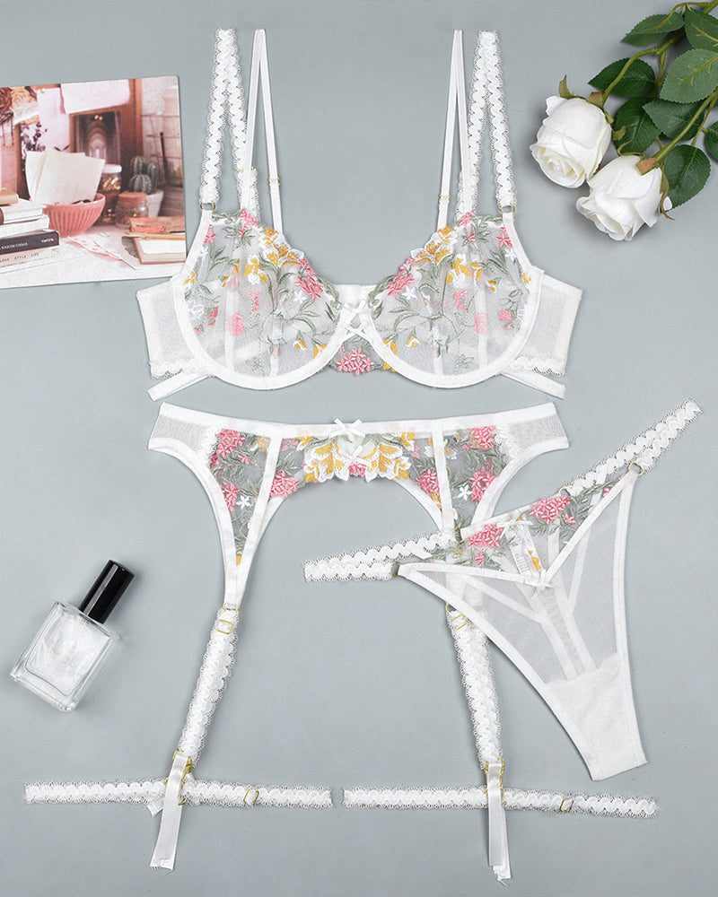 Floral Pastel Embroidered Mesh Lingerie Set with Strappy Elegance-Lingerie Set-Bellascena-bellascena