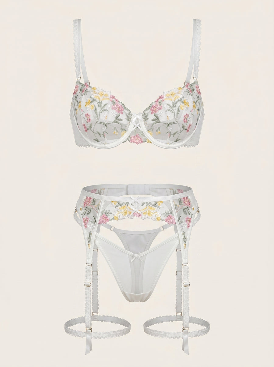Floral Pastel Embroidered Mesh Lingerie Set with Strappy Elegance-Lingerie Set-Bellascena-bellascena