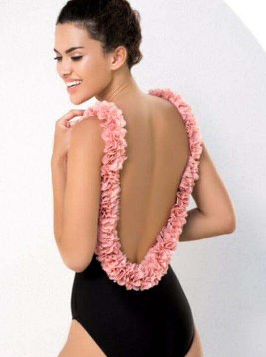 Floral Pink Cotton Swimwear Set with 3D Floral Details-One-Piece Swimsuit-Bellascena-Black-S-bellascena