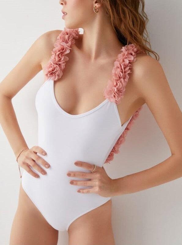 Floral Pink Cotton Swimwear Set with 3D Floral Details-One-Piece Swimsuit-Bellascena-White-S-bellascena
