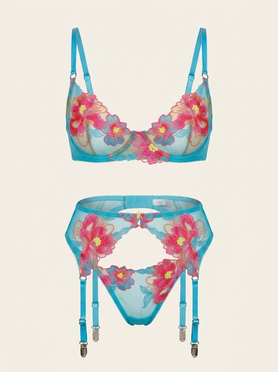 Floral Pink Embroidered Mesh Lingerie Set with Scalloped Edges-Lingerie Set-Bellascena-Blue Pink-S-bellascena