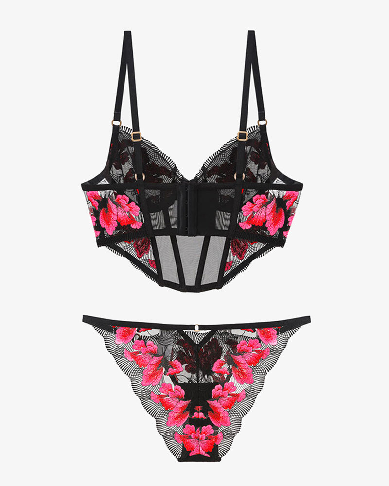 Floral Pink Embroidered Mesh Lingerie Set with Underwire-Corset-Bellascena-bellascena