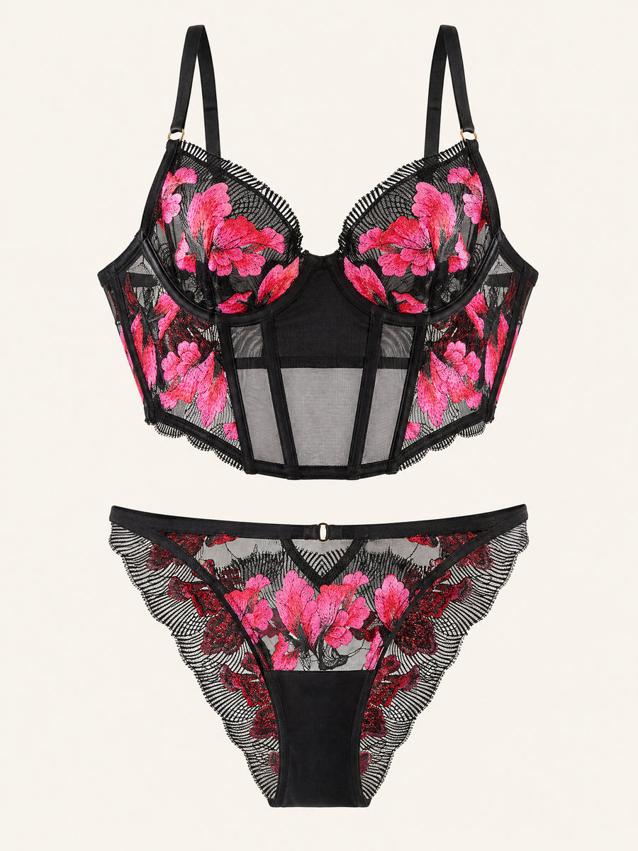 Floral Pink Embroidered Mesh Lingerie Set with Underwire-Corset-Bellascena-bellascena