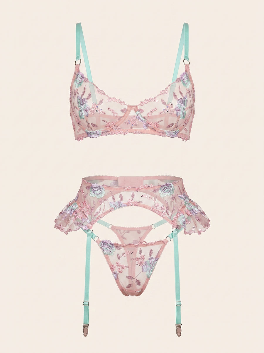 Floral Pink Embroidered Mesh Teddy with Strappy Detail-Bodysuit-Bellascena-bellascena
