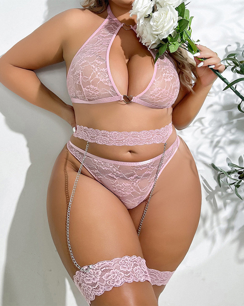 Floral Pink Lace Lingerie Set with Heart Detail-Lingerie Set-Bellascena-bellascena