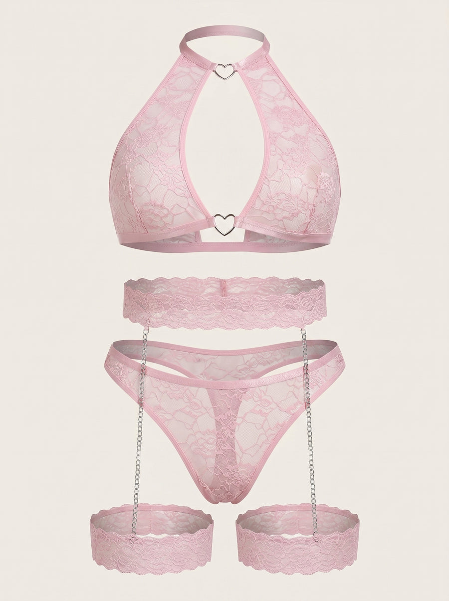 Floral Pink Lace Lingerie Set with Heart Detail-Lingerie Set-Bellascena-Pink-XL-bellascena