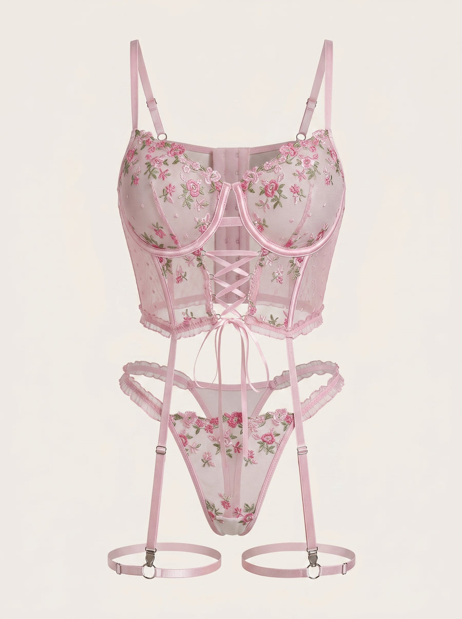 Floral Pink Lace Lingerie Set with Sheer Lace-Up Details-Corset-Bellascena-Pink-S-bellascena