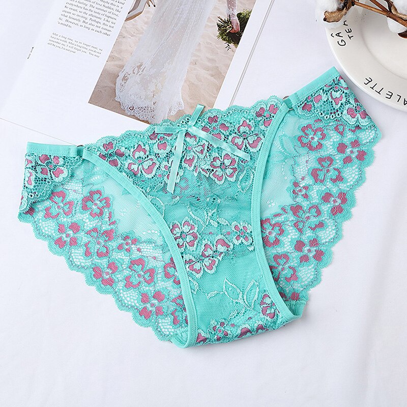 Floral Pink Lace Lingerie Set with Sheer Scalloped Edges-Panty-Bellascena-Green-Universal-bellascena