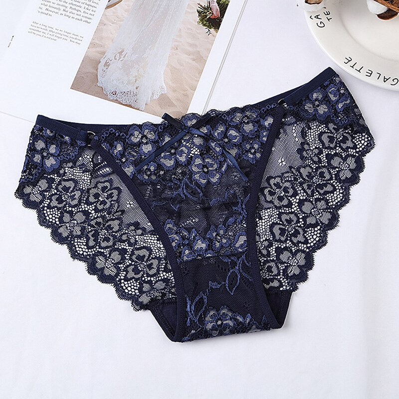 Floral Pink Lace Lingerie Set with Sheer Scalloped Edges-Panty-Bellascena-Navy-Universal-bellascena