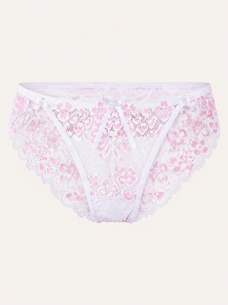 Floral Pink Lace Lingerie Set with Sheer Scalloped Edges-Panty-Bellascena-Pink-Universal-bellascena