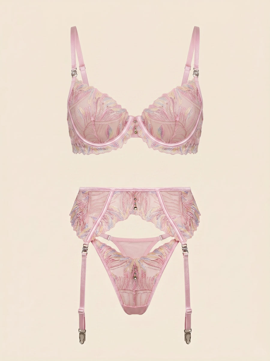 Floral Pink Lace Lingerie Set with Strappy Details-Lingerie Set-Bellascena-S-S-Pink-bellascena