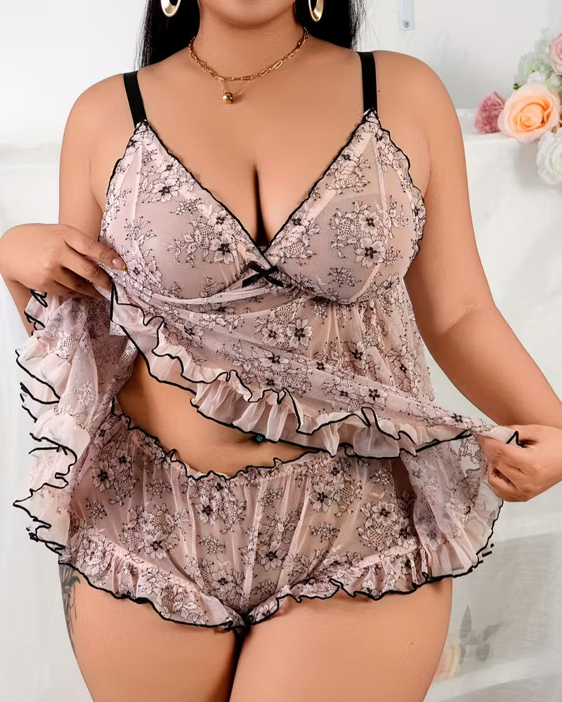 Floral Pink Mesh Nightdress Set with Ruffle Bow-Nightgown-Bellascena-bellascena