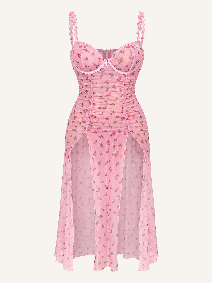 Floral Pink Mesh Suspender Dress with Ruched Slit Detail-Nightgown-Bellascena-Pink-XL-bellascena