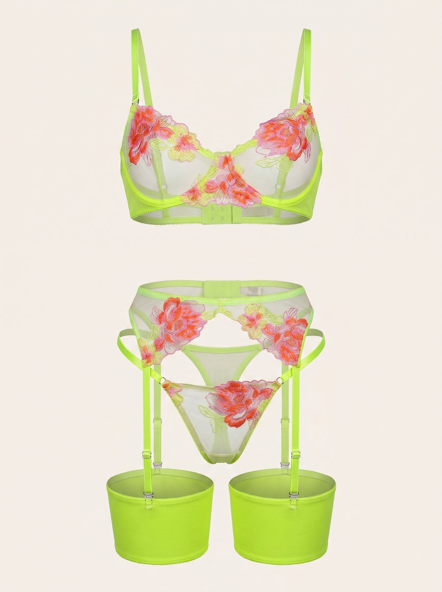 Floral Pink & Neon Yellow Mesh Lingerie Set with Embroidery-Lingerie Set-Bellascena-Fluorescent Pink-S-bellascena
