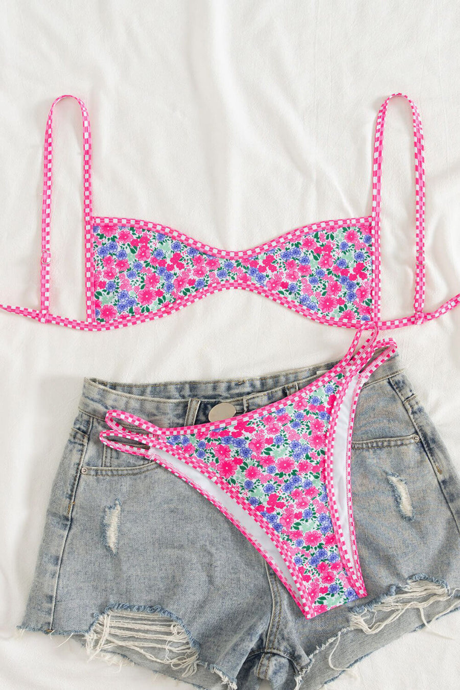 Floral Pink Nylon Swimwear Set with Strappy Design-One-Piece Swimsuit-Bellascena-bellascena