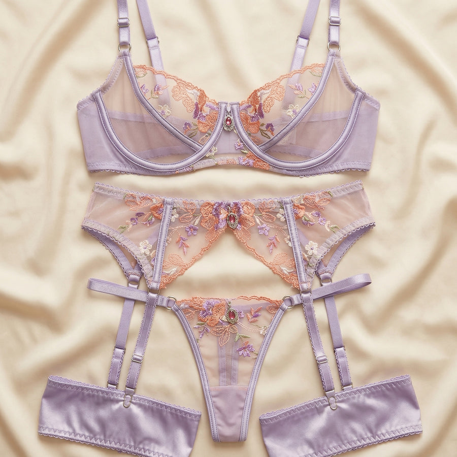 Floral Pink & Purple Embroidered Mesh Lingerie Set with Strappy Details-Lingerie Set-Bellascena-bellascena