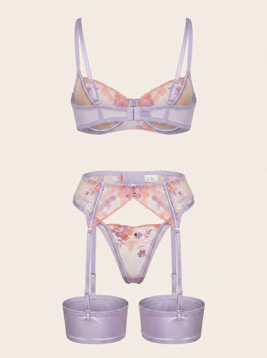 Floral Pink & Purple Embroidered Mesh Lingerie Set with Strappy Details-Lingerie Set-Bellascena-bellascena