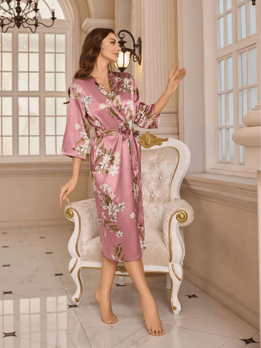 Floral Pink Satin Kimono Robe with Kimono Sleeves-Kimono Robe-Bellascena-bellascena