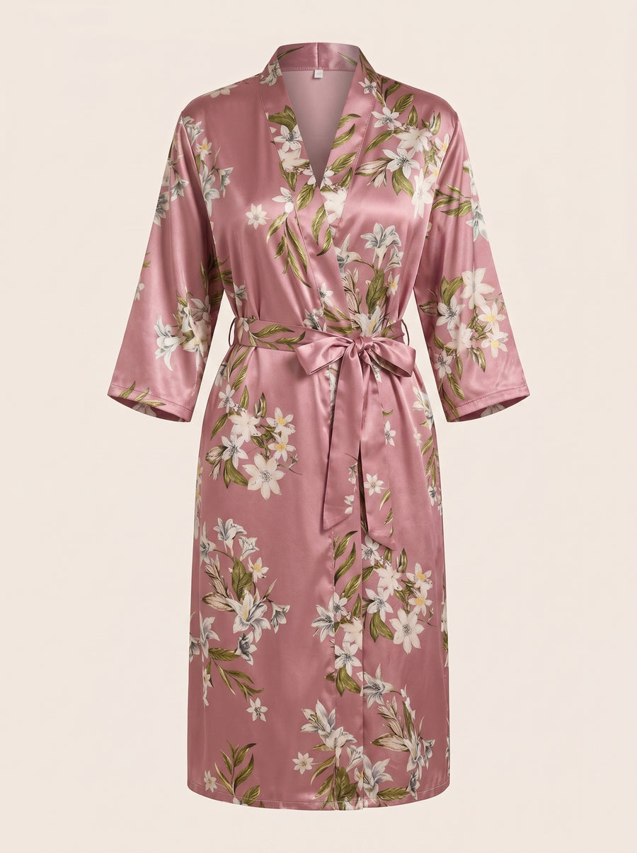 Floral Pink Satin Kimono Robe with Kimono Sleeves-Kimono Robe-Bellascena-Pink-S-bellascena