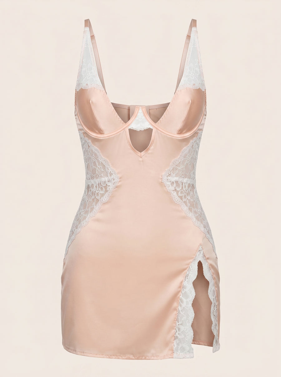 Floral Pink Satin Nightgown with Lace Panel-Nightgown-Bellascena-S-Pink-bellascena