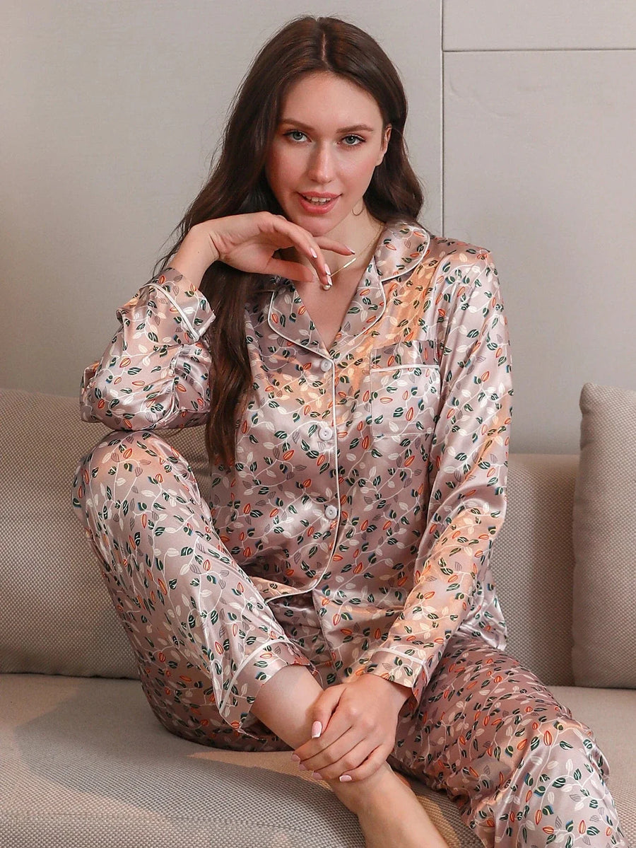 Floral Pink Satin Pajama Set with Button-Up Detail-Pajama Set-Bellascena-bellascena