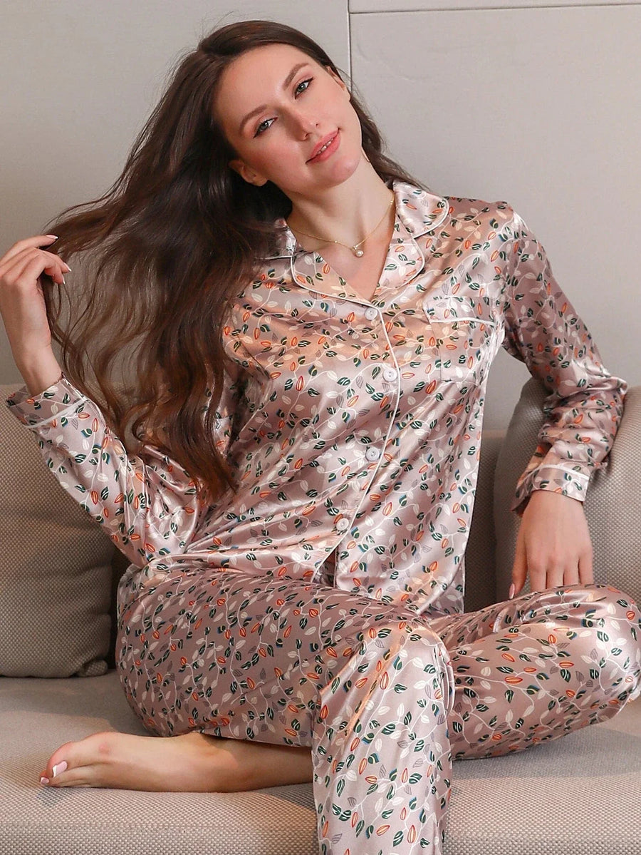 Floral Pink Satin Pajama Set with Button-Up Detail-Pajama Set-Bellascena-bellascena