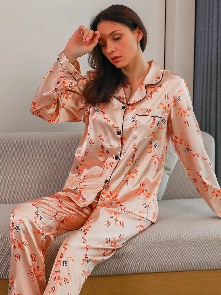Floral Pink Satin Pajama Set with Collar & Piping-Pajama Set-Bellascena-bellascena