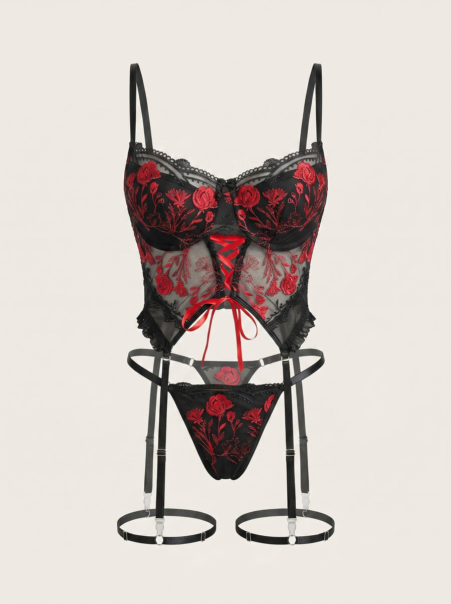 Floral Red Embroidered Mesh Lingerie Set with Strappy Design-Corset-Bellascena-bellascena