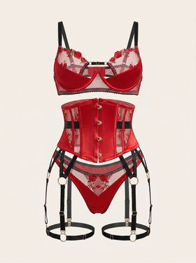 Floral Red Embroidered Mesh Lingerie Set with Strappy Detail-Corset-Bellascena-Red-S-bellascena