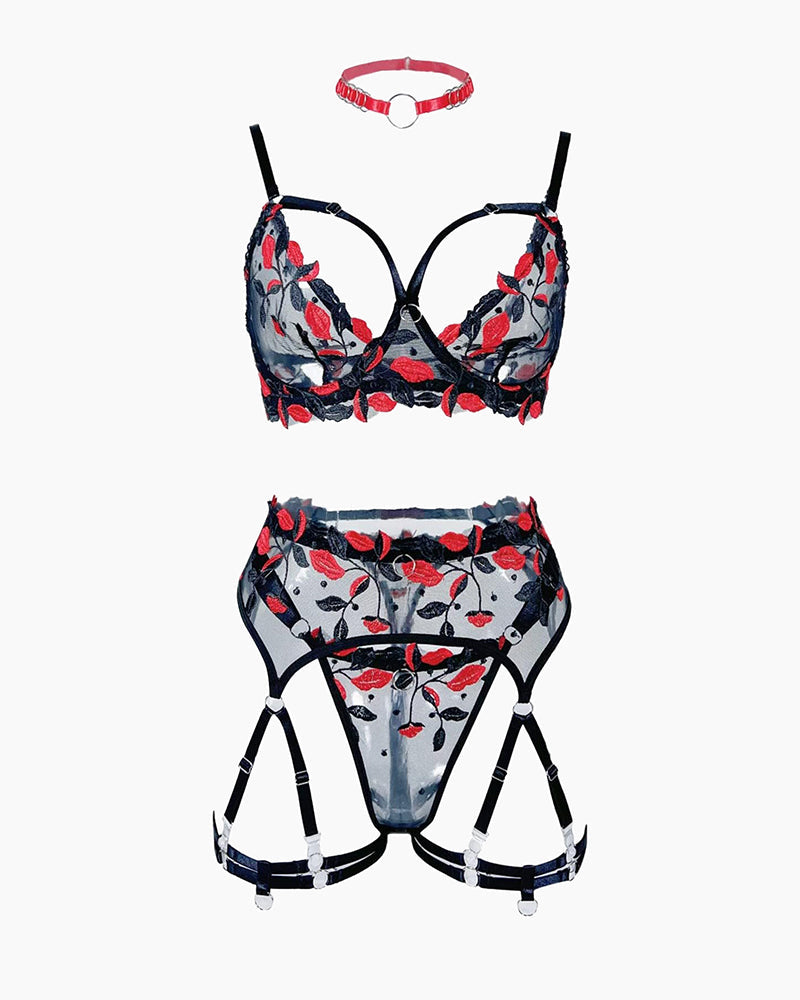 Floral Red Embroidered Mesh Lingerie Set with Strappy Detail-Lingerie Set-Bellascena-bellascena