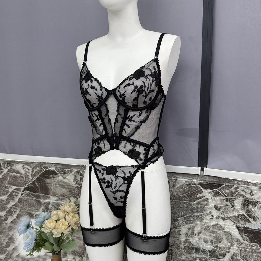 Floral Red Embroidered Mesh Lingerie Set with Strappy Details-Lingerie Set-Bellascena-Black-S-bellascena