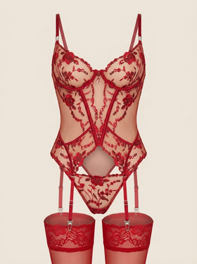 Floral Red Embroidered Mesh Lingerie Set with Strappy Details-Lingerie Set-Bellascena-Red-S-bellascena