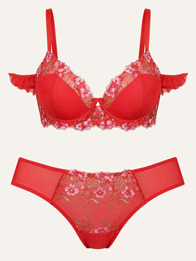 Floral Red Embroidered Mesh Lingerie Set with Underwire-Lingerie Set-Bellascena-Red-XL-bellascena