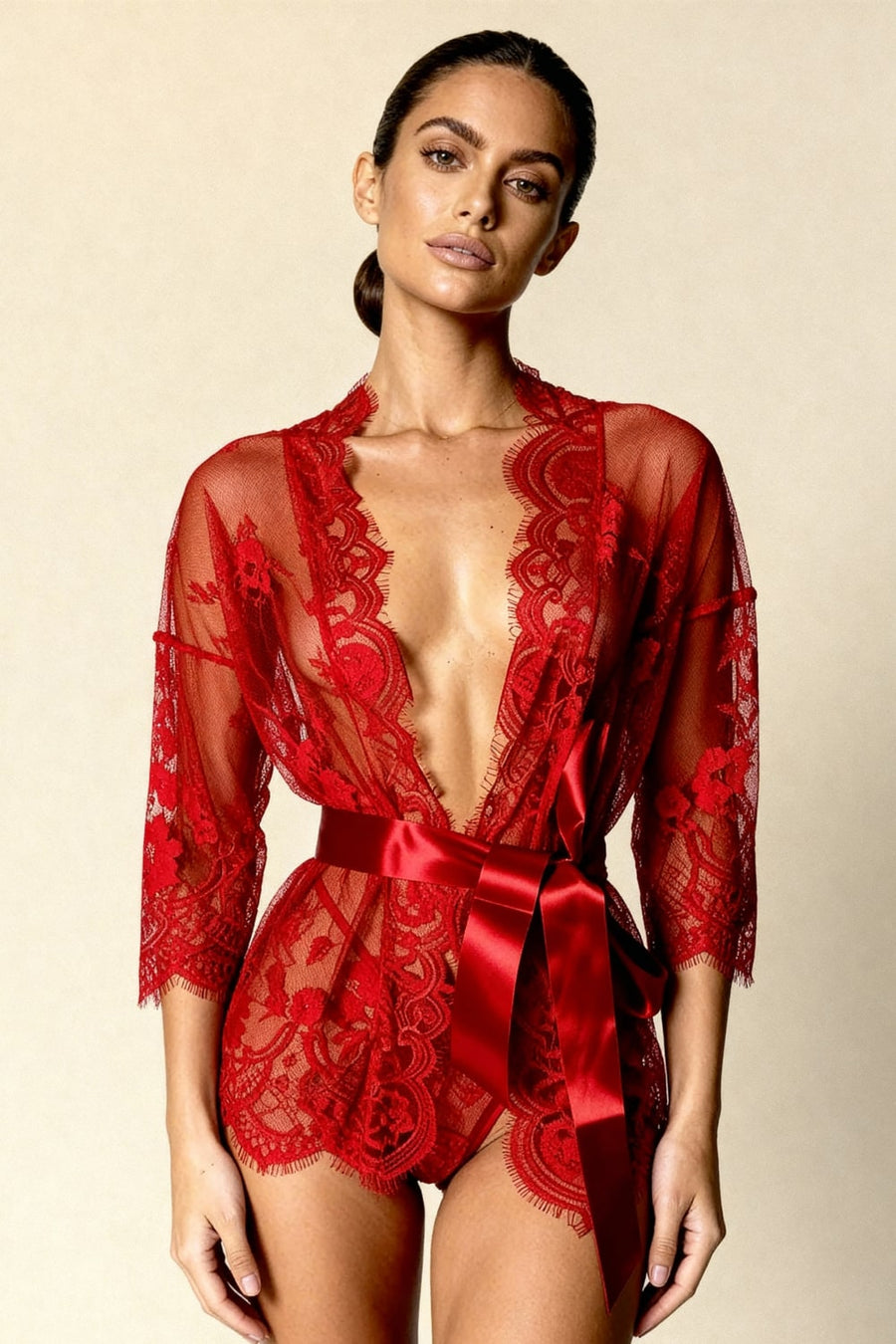 Floral Red Lace Nightgown with Sheer Scalloped Edges-Nightgown-Bellascena-bellascena