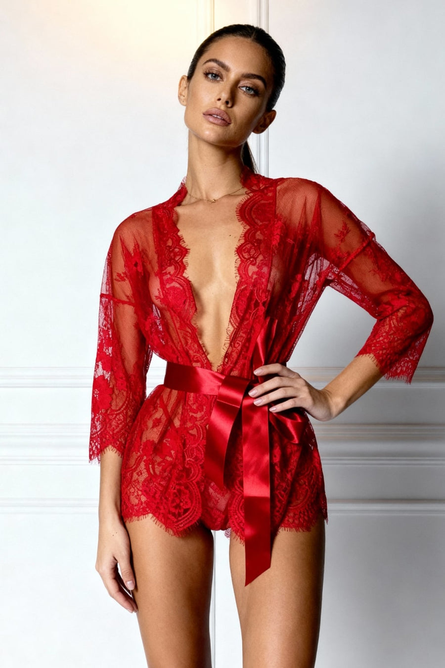 Floral Red Lace Nightgown with Sheer Scalloped Edges-Nightgown-Bellascena-bellascena