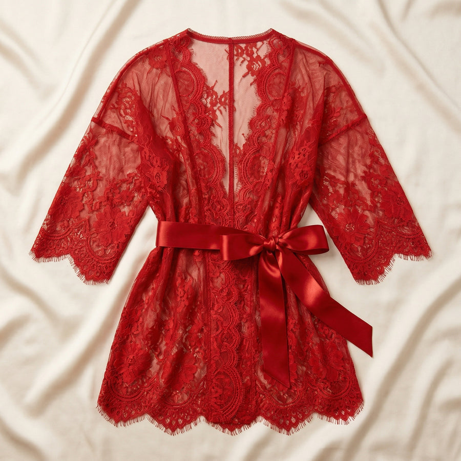 Floral Red Lace Nightgown with Sheer Scalloped Edges-Nightgown-Bellascena-bellascena