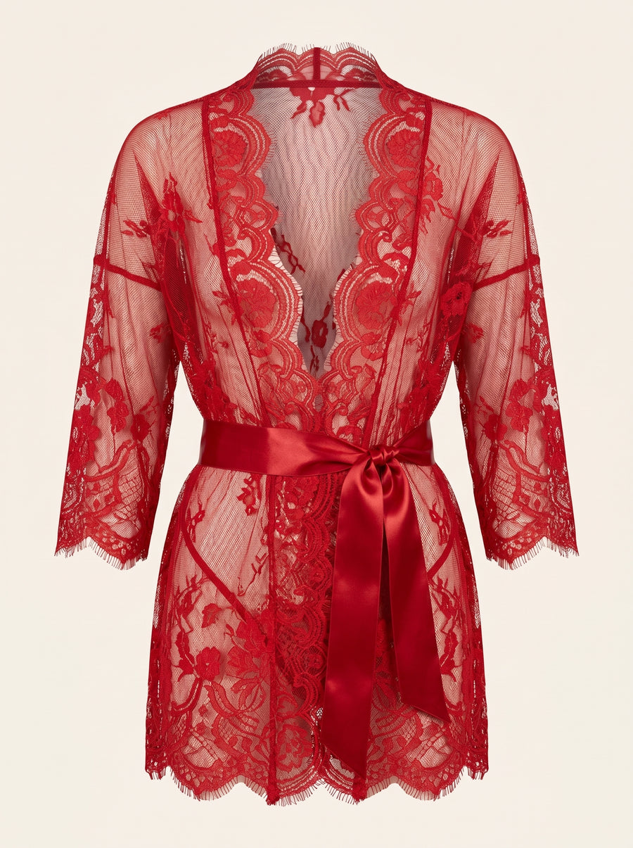 Floral Red Lace Nightgown with Sheer Scalloped Edges-Nightgown-Bellascena-S-Red-bellascena