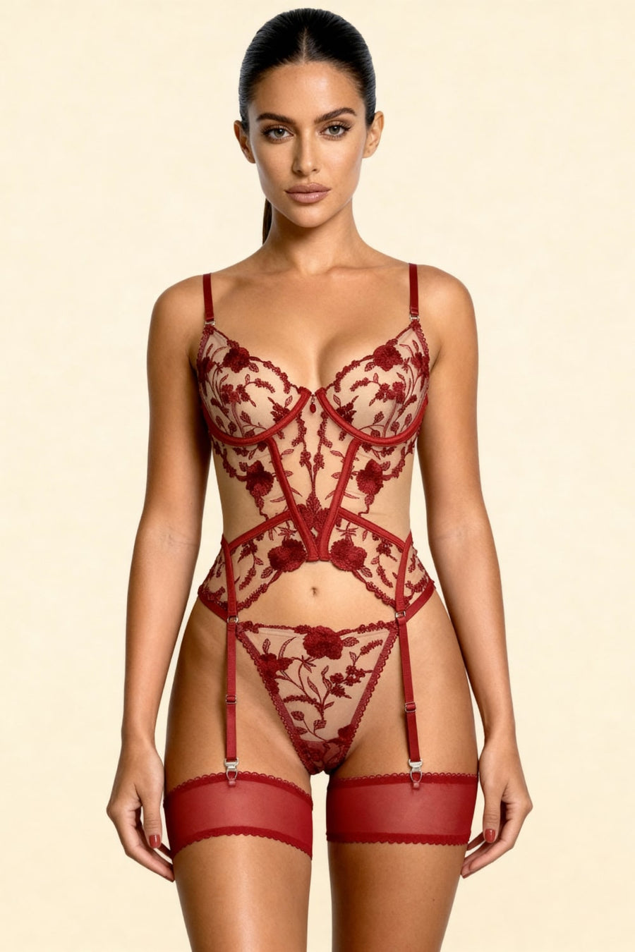 Floral Red Mesh Bustier with Floral Embroidery-Lingerie Set-Bellascena-bellascena