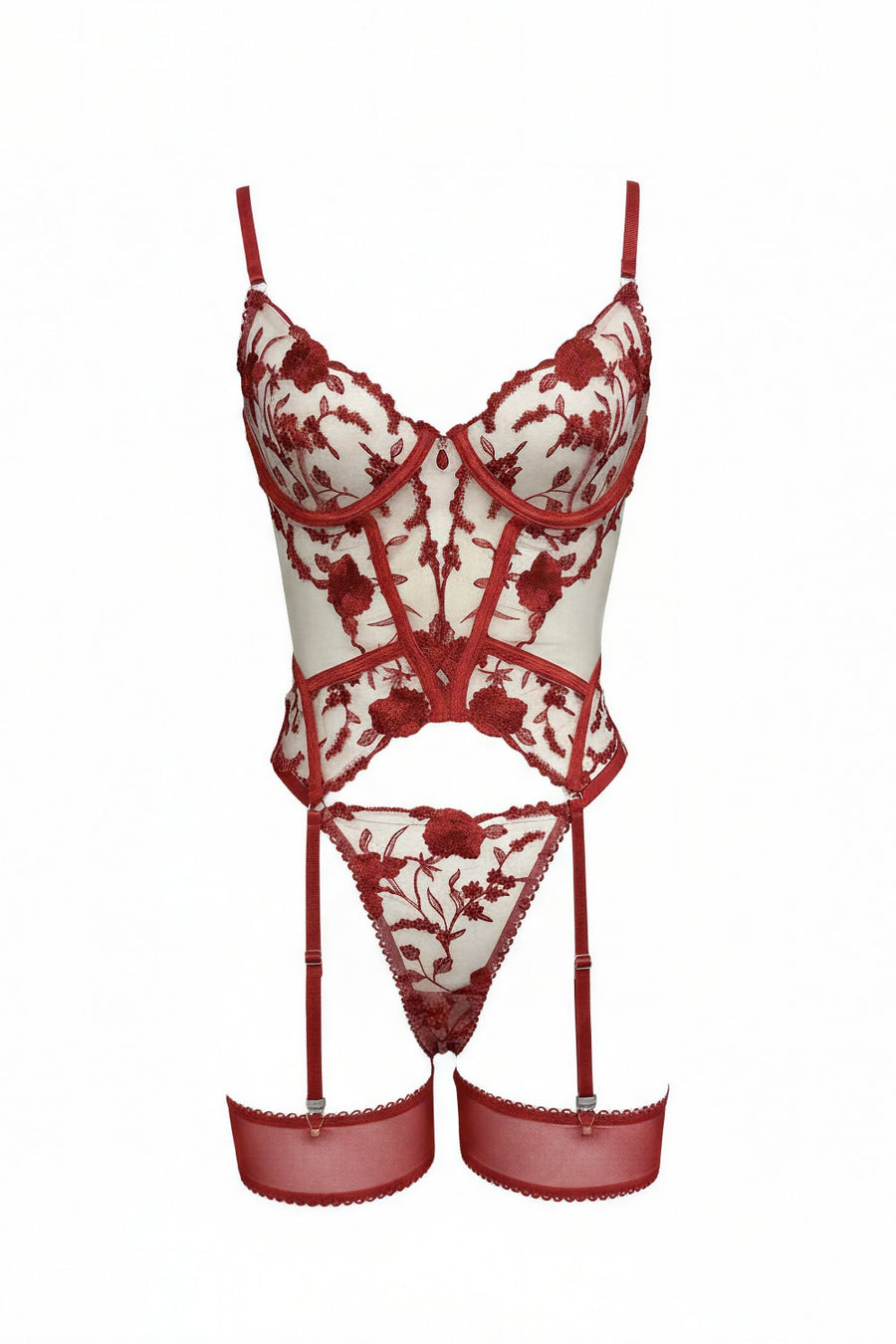 Floral Red Mesh Bustier with Floral Embroidery-Lingerie Set-Bellascena-bellascena