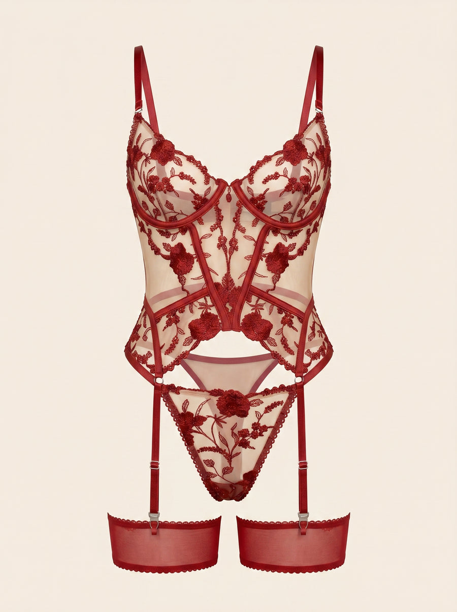 Floral Red Mesh Bustier with Floral Embroidery-Lingerie Set-Bellascena-S-Red-bellascena