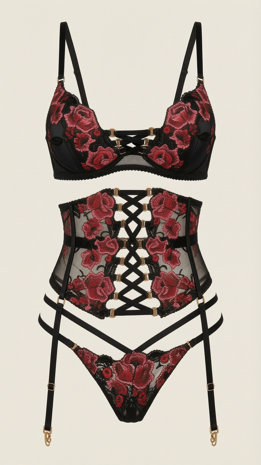 Floral Red Mesh Lingerie Set with Strappy Details-Lingerie Set-Bellascena-S-S-Red-bellascena