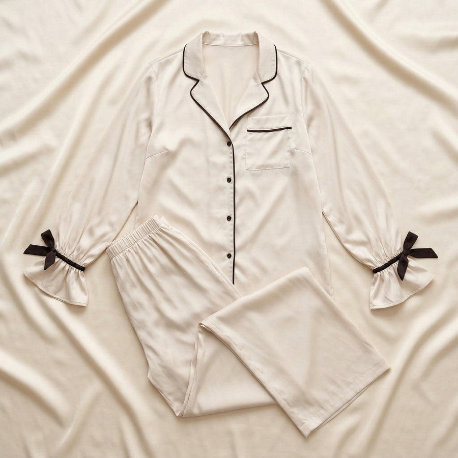 Floral Satin Pajama Set with Ruffle Cuffs-Pajama Set-Bellascena-bellascena