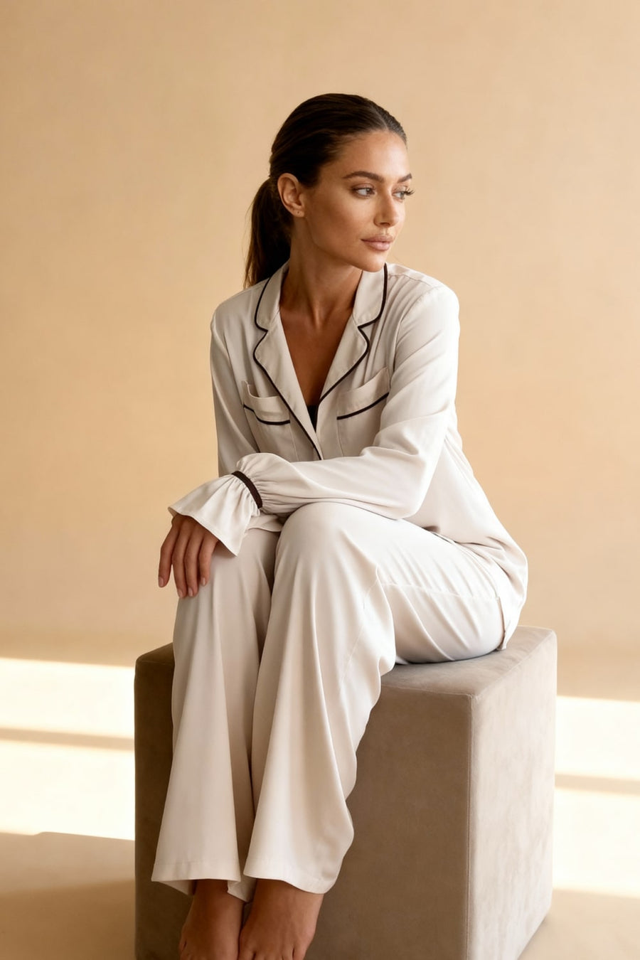 Floral Satin Pajama Set with Ruffle Cuffs-Pajama Set-Bellascena-bellascena