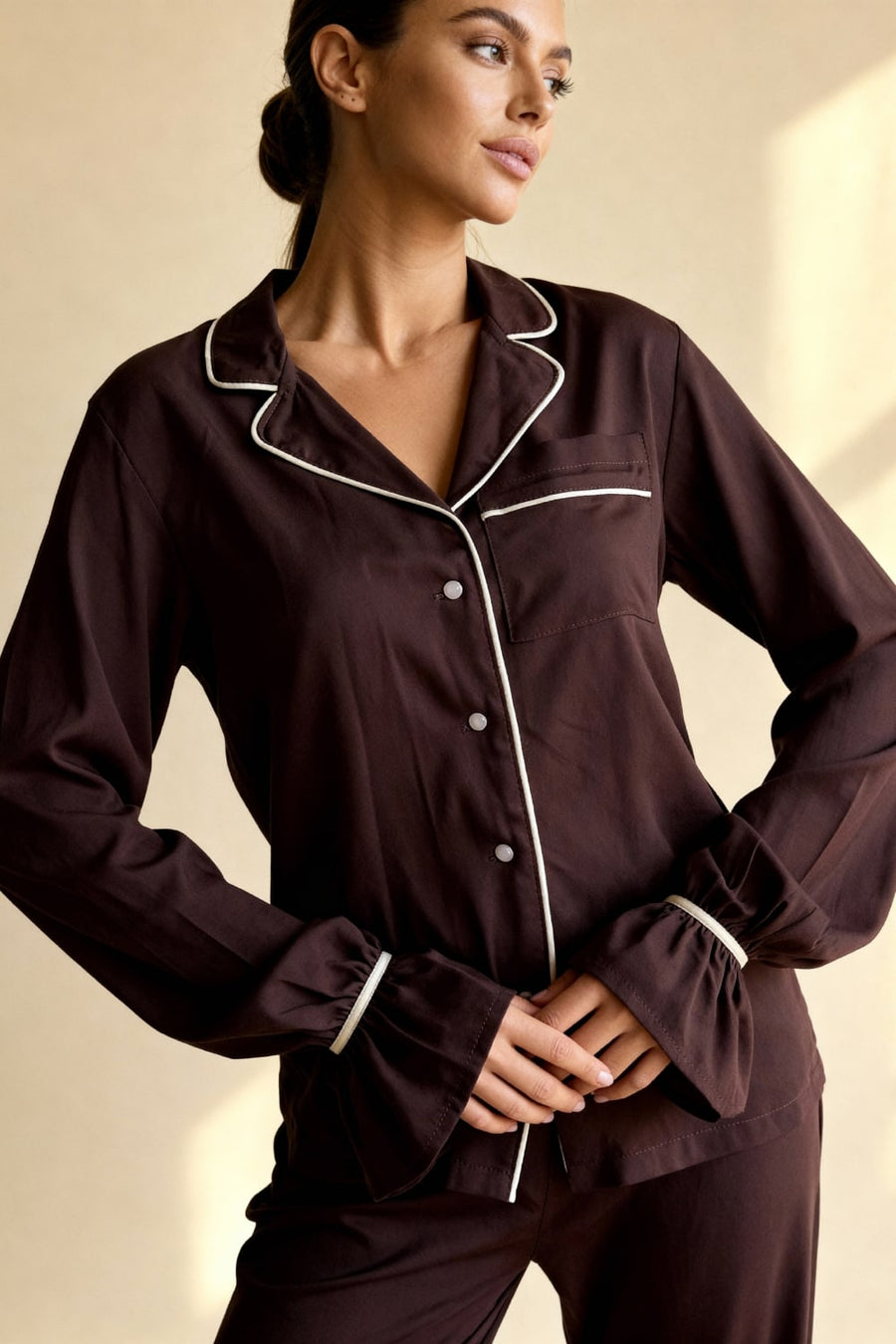 Floral Satin Pajama Set with Ruffle Cuffs-Pajama Set-Bellascena-bellascena