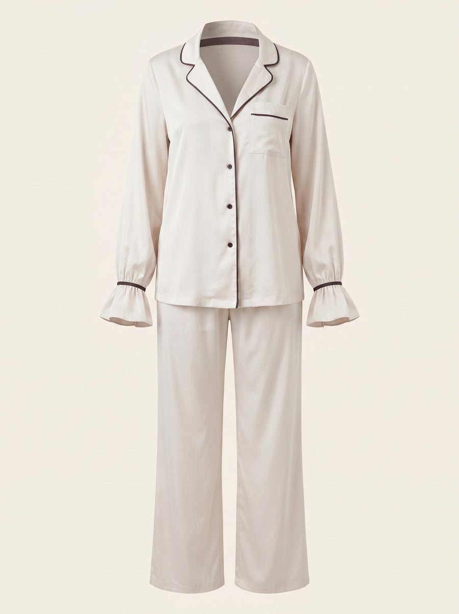 Floral Satin Pajama Set with Ruffle Cuffs-Pajama Set-Bellascena-bellascena