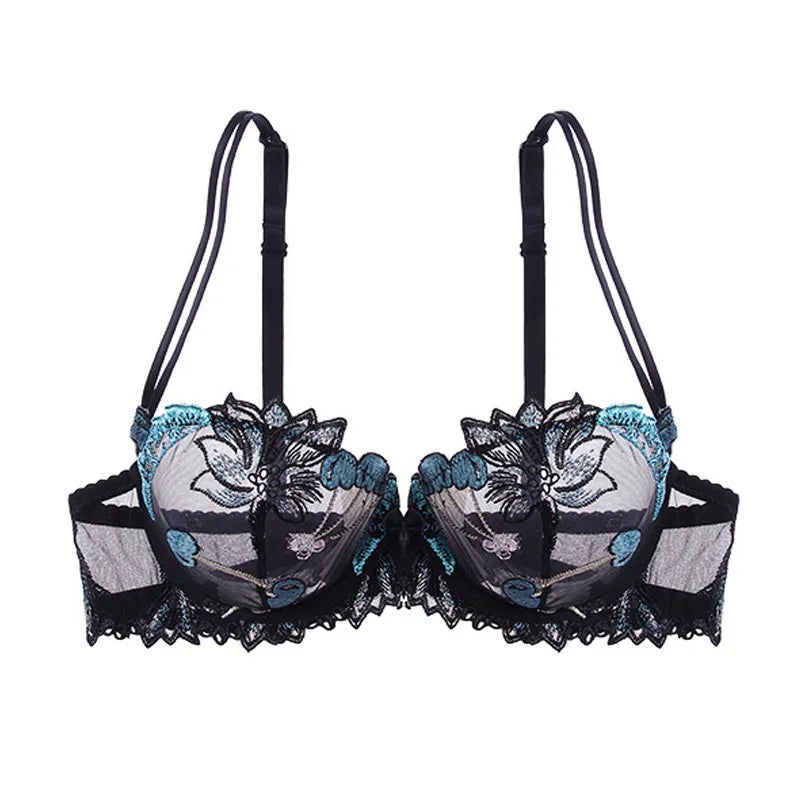 Floral Teal and Black Mesh Bra with Scalloped Edges-Bra-Bellascena-bellascena